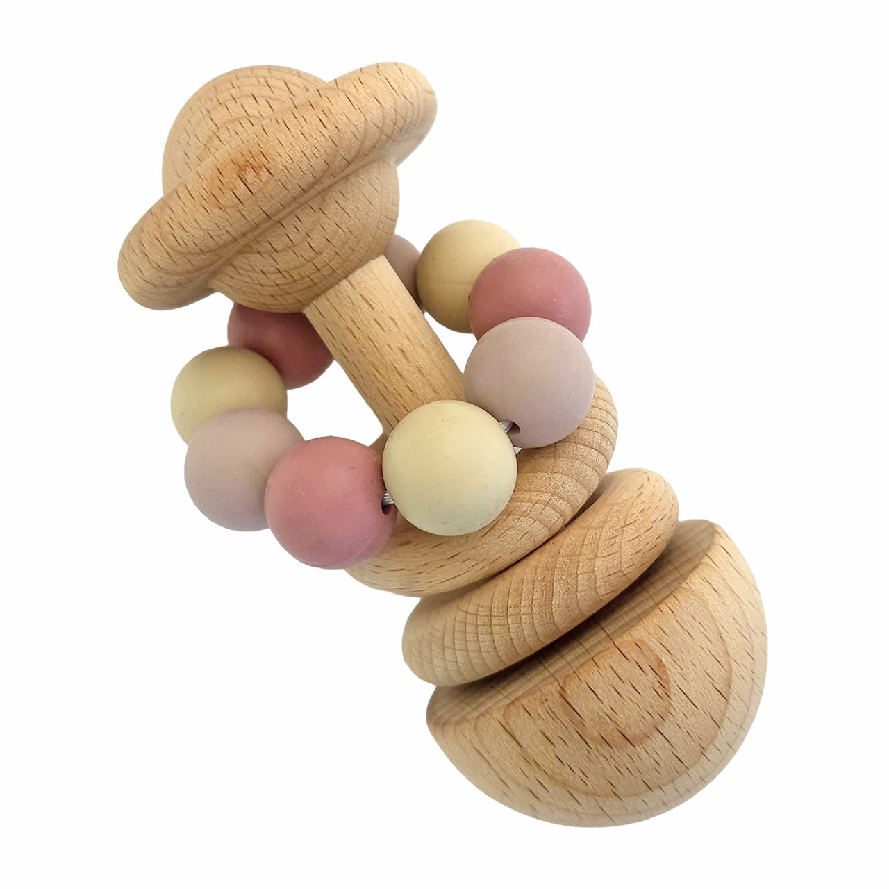 Pastellfarget treleke trerangle rosa i fsc sertifisert ubehandlet bøketre med myke rosa og kremfargede perler