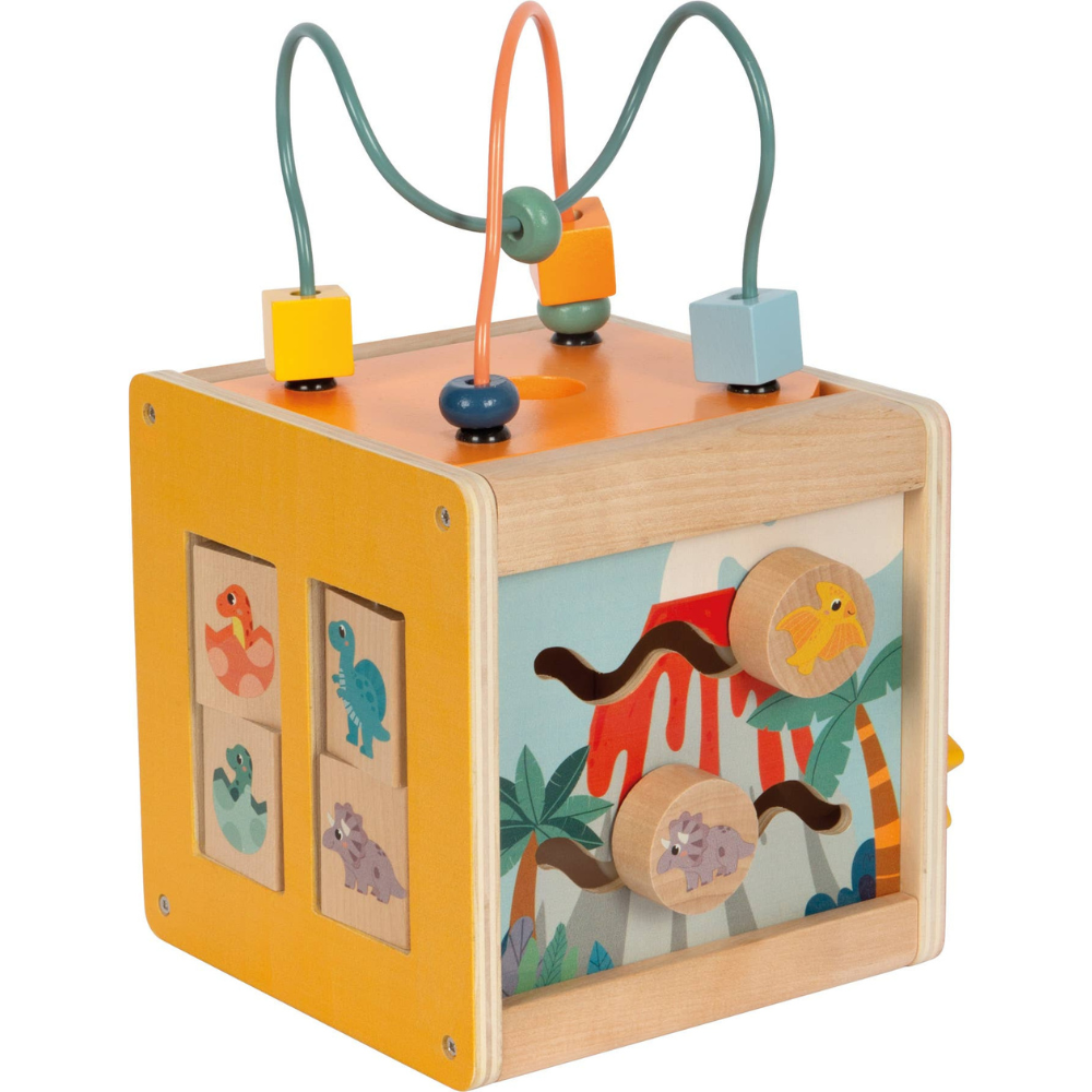 Bright yellow wooden motorikk-kube dinosaur with colorful bead tracks and roterende klaffer panels