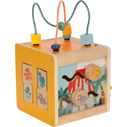 Bright yellow wooden motorikk-kube dinosaur with colorful bead tracks and roterende klaffer panels