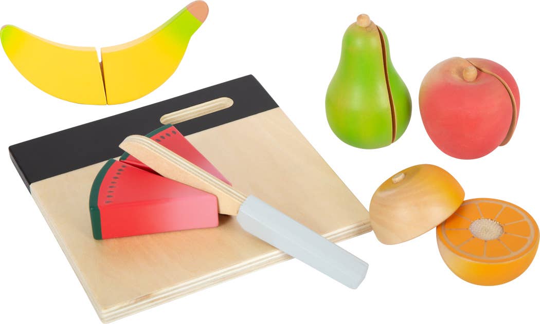 Trekniv fruktsett lekemat med tre skjærefjøl og rødt vannmelonstykke for morsom lek og læring