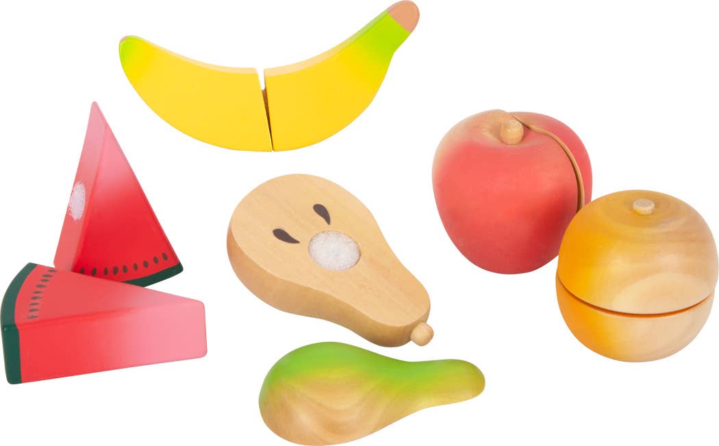 Trekniv fruktsett lekemat med fargerike malte trefrukter som banan eple fersken pære vannmelon og appelsin