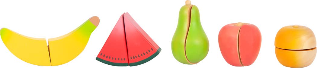 Trekniv og lekemat i tre fruktsett fresh med fargerike kuttbare frukter i gul, rød, grønn, rosa og oransje