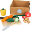 Wooden cuttable vegetable set fresh with spesielt realistisk lekemat in yellow pepper orange carrot green cucumber red tomato and beige mushroom
