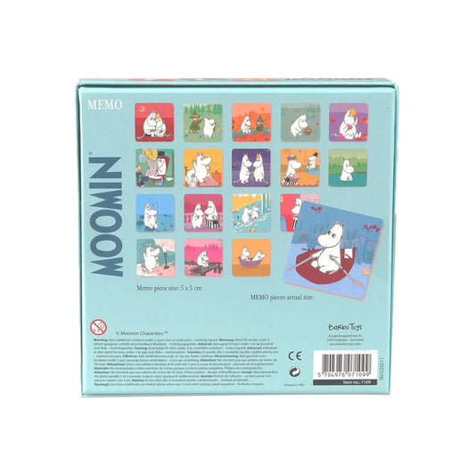Moomin memo minnespill eske med fargerike illustrerte kort og hvit moomintroll på forsiden