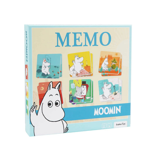 Moomin memo minnespill eske med fargerike illustrerte kort og hvit moomintroll på forsiden