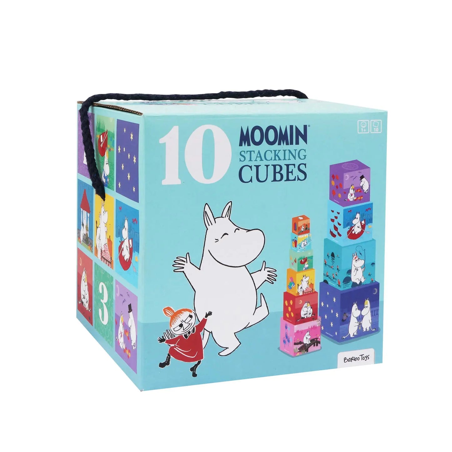 Lys blå pappeske med sort bærehåndtak og fargerike moomin-illustrasjoner for mummi stablekubesett