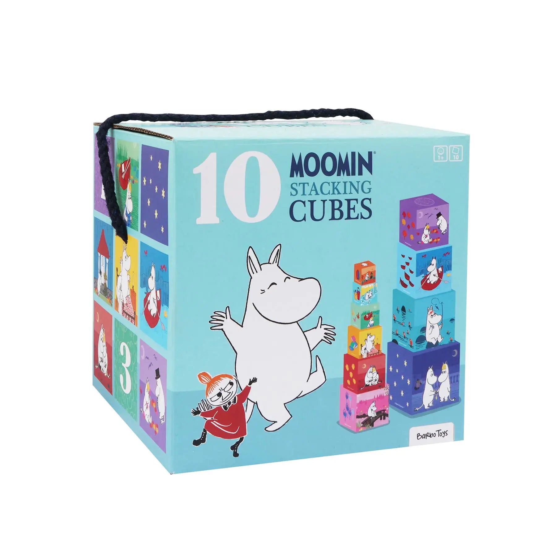 Lys blå pappeske med sort bærehåndtak og fargerike moomin-illustrasjoner for mummi stablekubesett