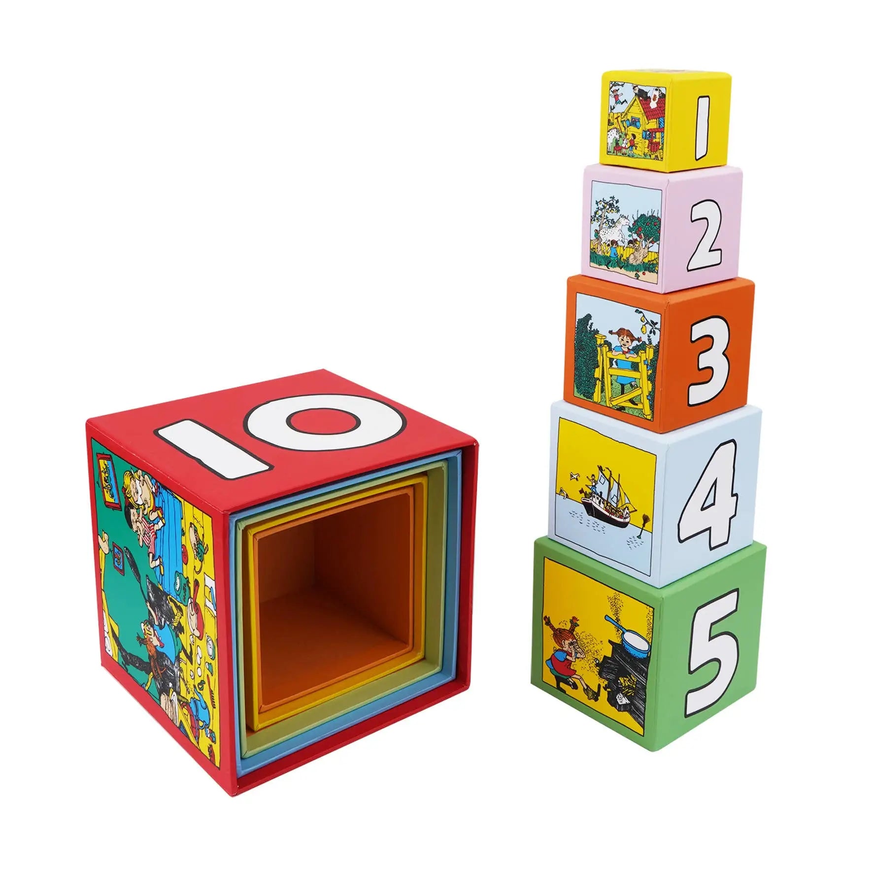 Colorful wooden pippi stablekubesett nesting blocks with numbers and cartoon illustrations stacked from 1 to 5