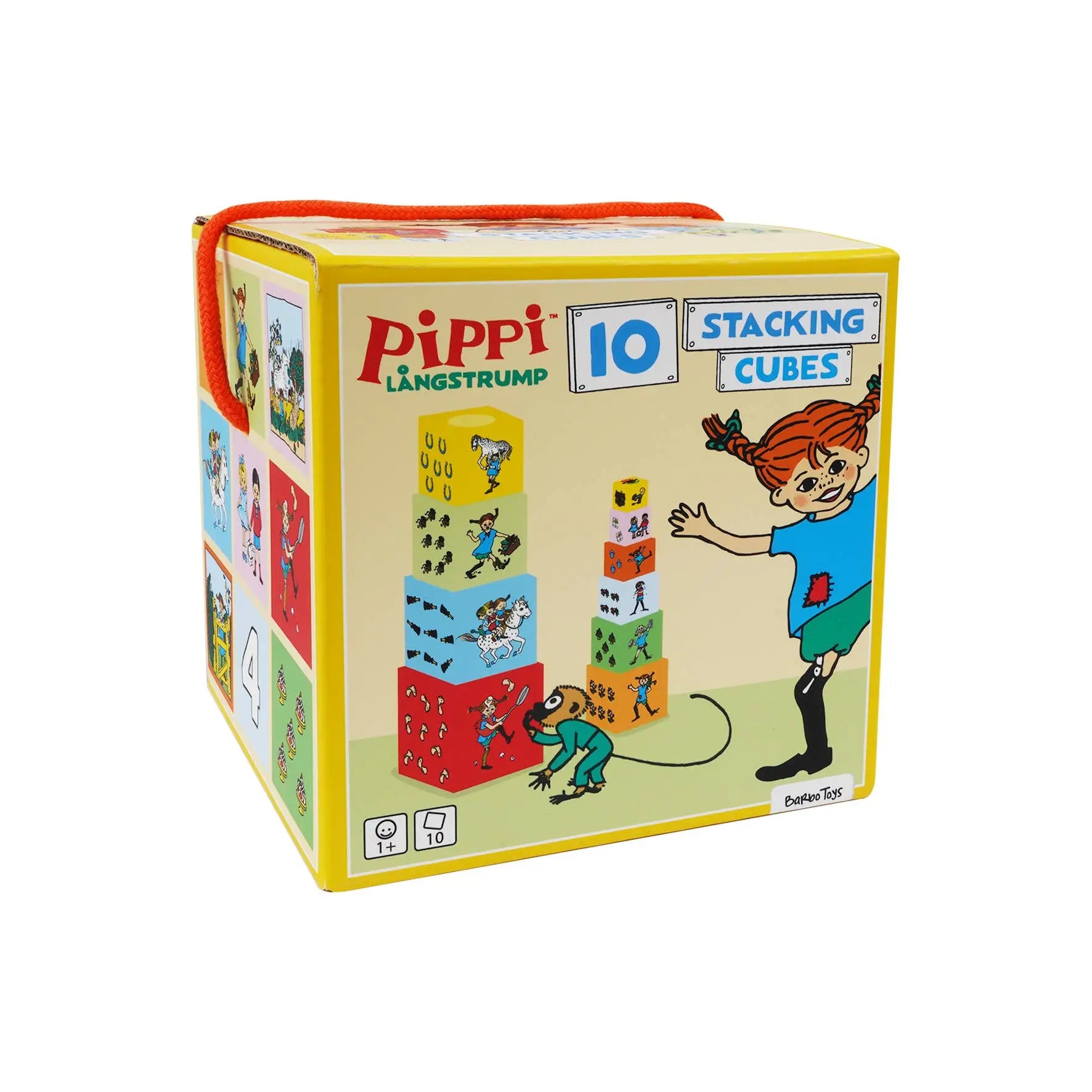 Yellow pippi stablekubesett cardboard box with orange handle featuring colorful pippi longstocking and stacking cubes illustrations