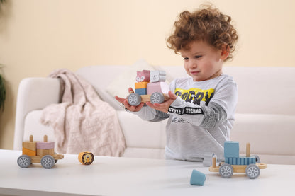 A child holds a stabletog flerfarget wooden toy train with pastel blocks and gray wheels nydelig leke trekker toget
