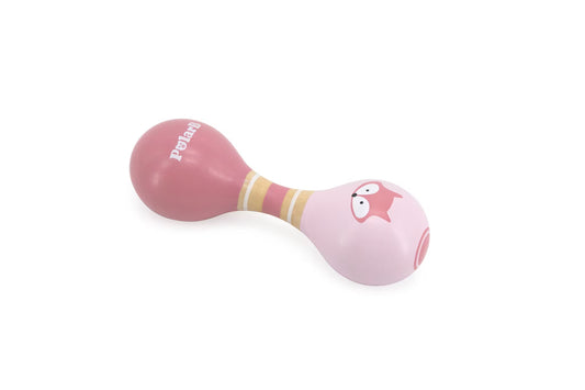 Pink dobbel maracas with a cartoon owl face and striped handle by polaris rev for children